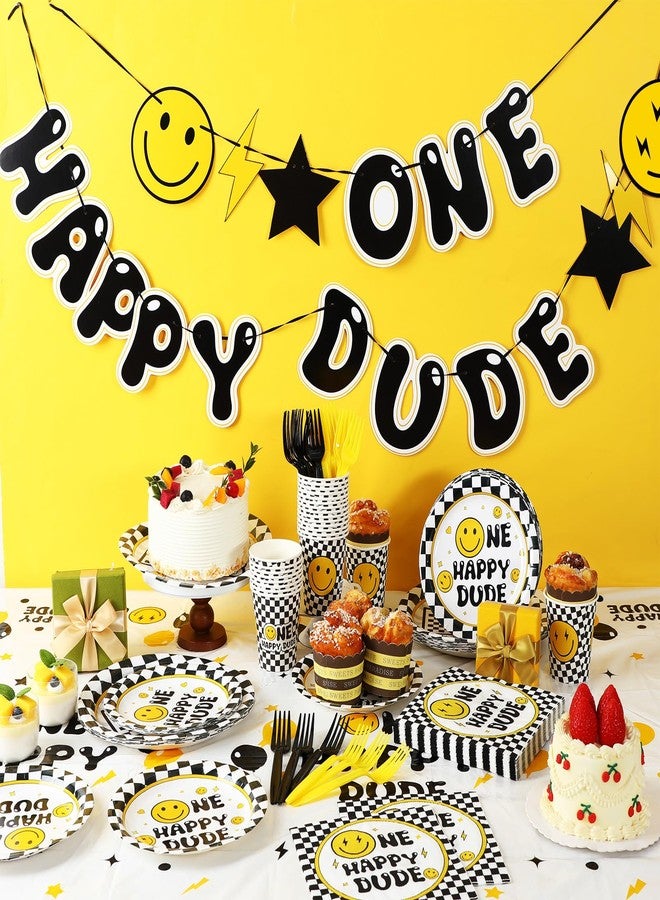 Suttmin 122 Pcs One Happy Dude Birthday Decorations 1st Birthday Party Tableware Set for 24 Guests Include One Happy Dude Plates Cups Napkins Fork Smile Face Tablecloth Banner for Party Decor - Image 2